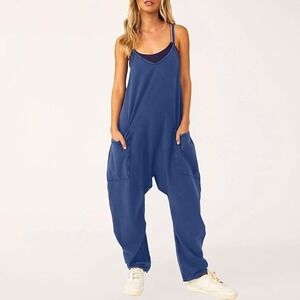 Womens Blue Baggy Harem Jumpsuit M Sleeveless Stretch Pockets Casual Boho Lounge